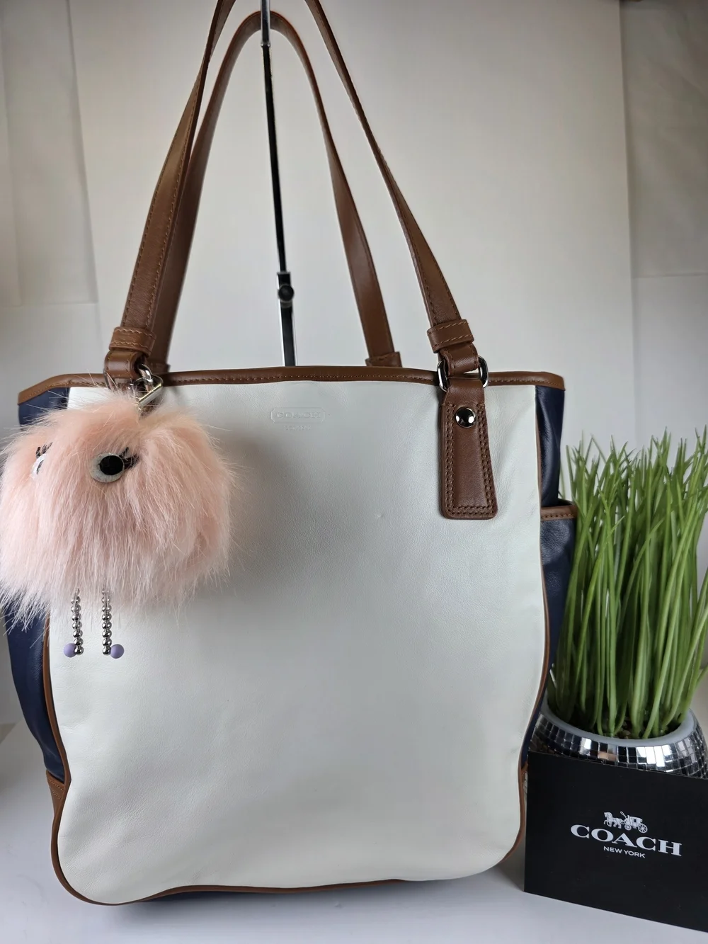 Coach Park Y2K Colorblock White & Navy Leather Tote with Brown Trim Shoulder Bag